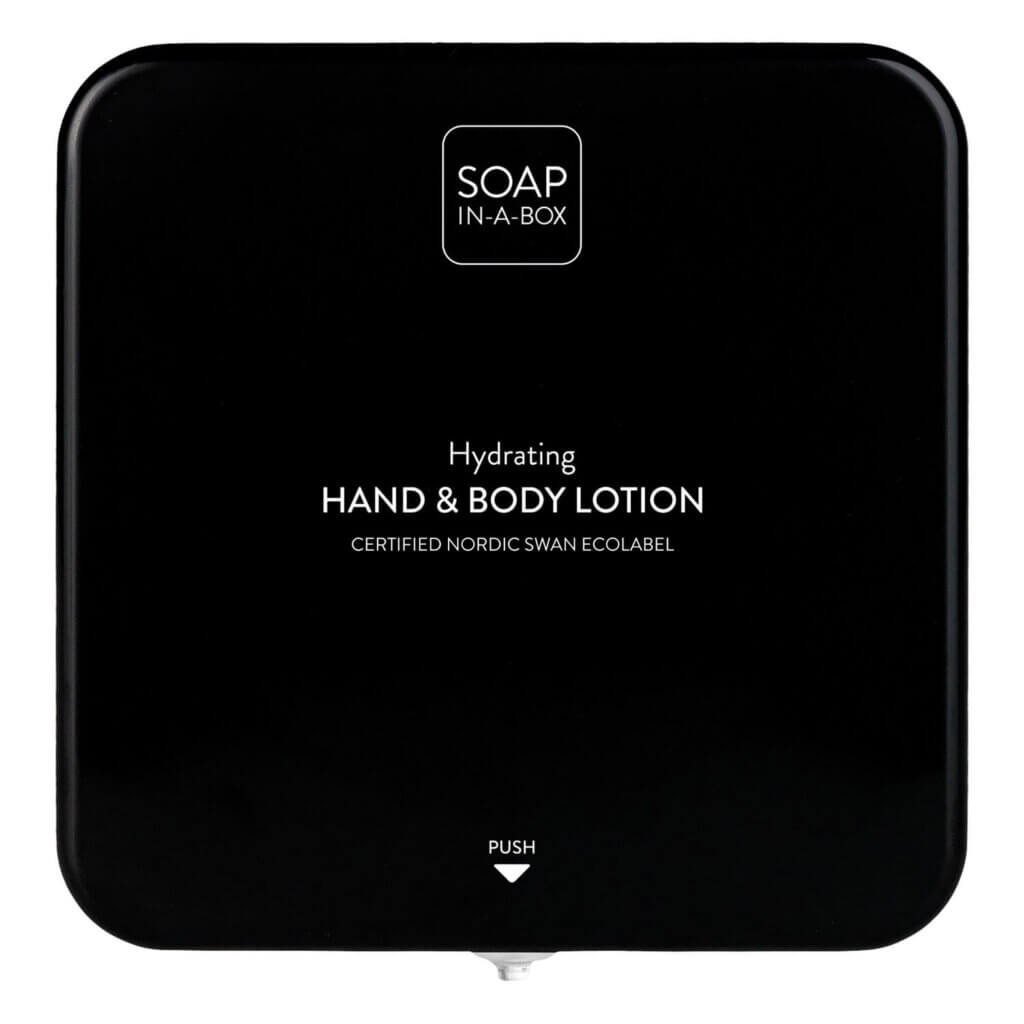 Soap-In-A-Box γυαλιστερός μαύρος διανομέας χεριών και σώματος, πρόσοψη