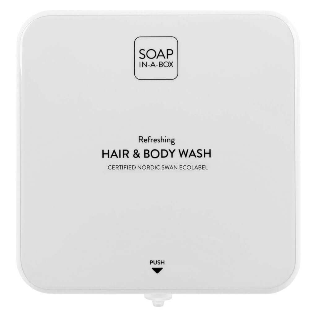 Soap-In-A-Box lesklý biely sprchový gél a šampón dávkovač, predná strana