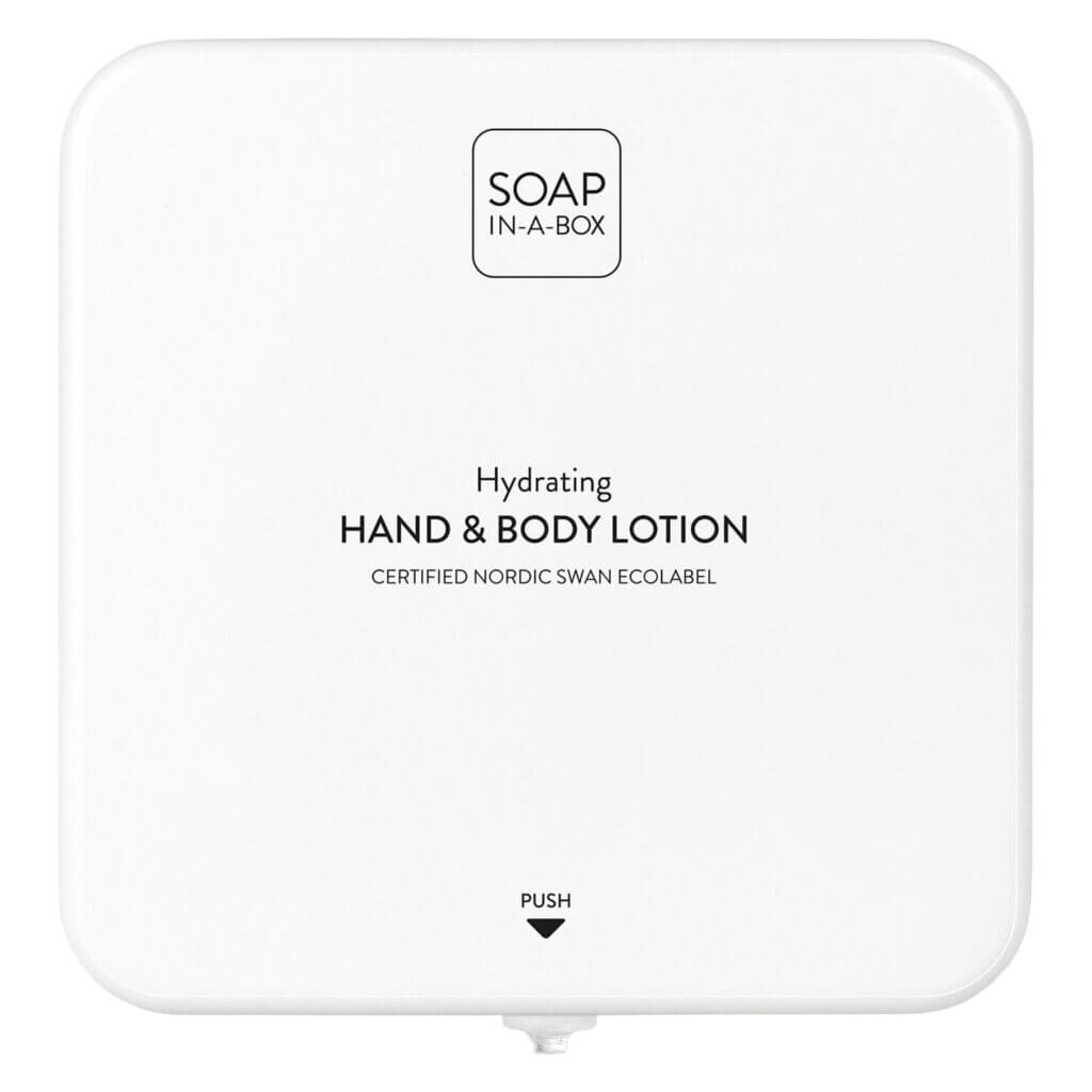 Soap-In-A-Box blizgantis baltas rankų ir kūno drėkiklio dozatorius, priekinis skydelis