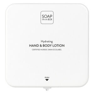 Soap-In-A-Box fényes fehér kéz- és testápoló adagoló, előlap