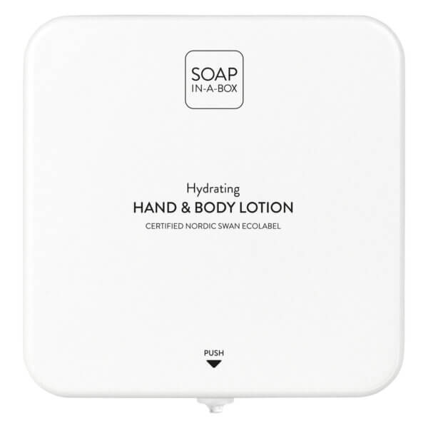 Soap-In-A-Box fényes fehér kéz- és testápoló adagoló, előlap